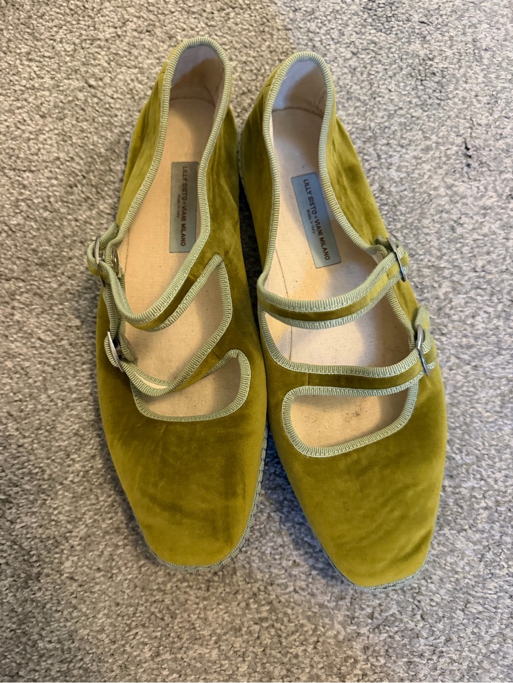 Lily Sisto x Viani Milano Collab Olive Green Velvet Mary Jane Flats